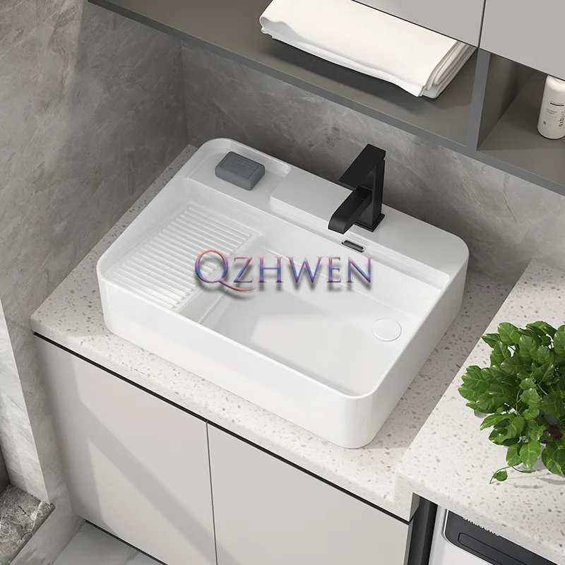 

Ceramic Washbasin with Washboard Washing Machine Above Counter Basin with Side Drain Laundry Room Wash Basin with Pull Faucet