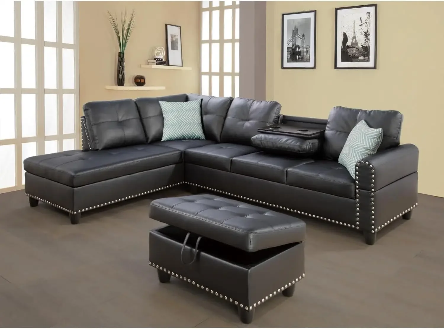 

Simplicity Sectional Sofa with Ottoman, Living Room Set, Left Facing Chaise, 2 Cup Holders, 2 Throw Pillows, Tufted Back Seat