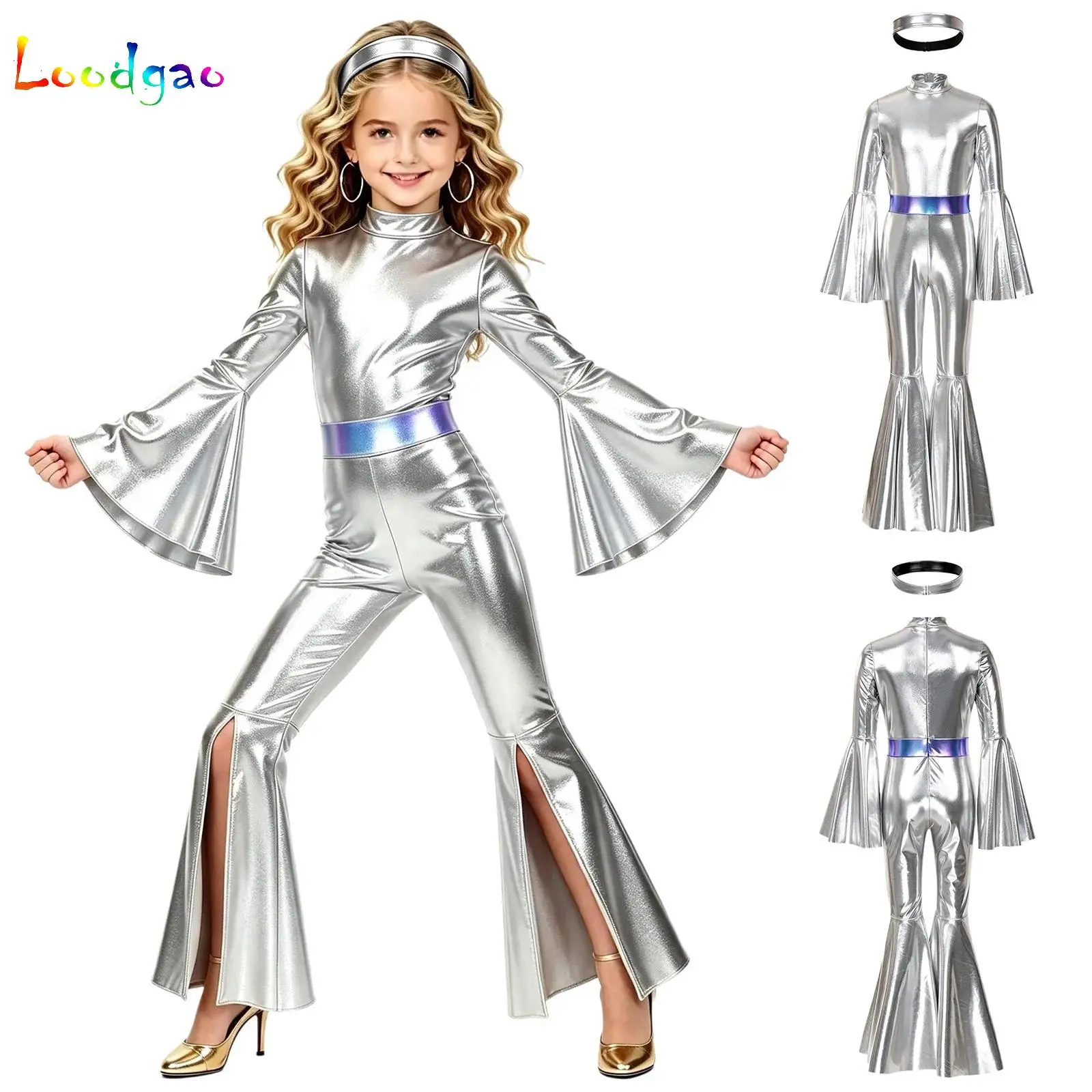 Girls 70s Hippie Costume Kids Shiny Split Bell-Bottom Metallic Latin Dance Jumpsuit Disco Jazz Party Children's Fashion Bodysuit