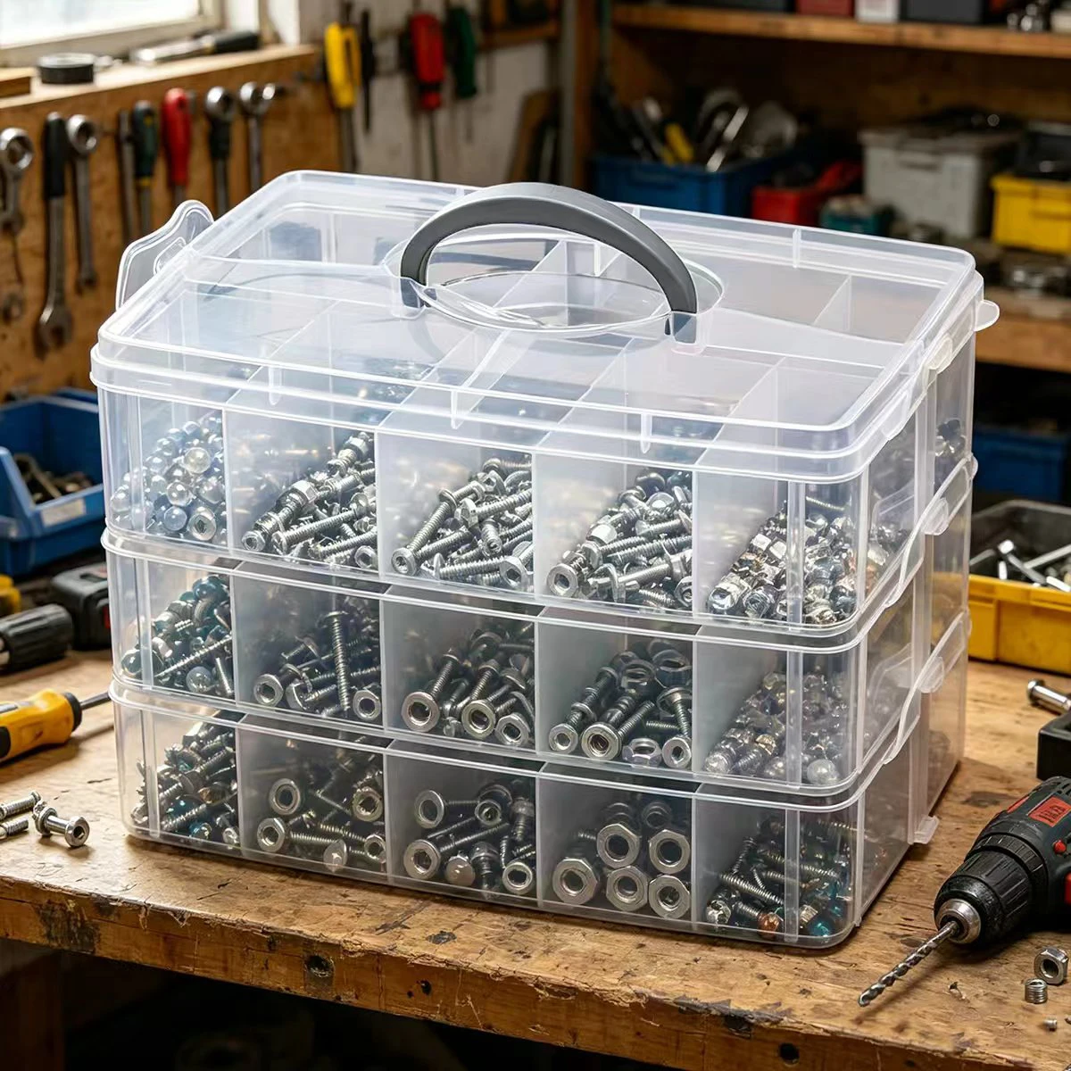 1pc Three-Layer 30 Grid Plastic Hardware Storage Box, Transparent Rectangular Portable Hand-Held Screw Bolt Parts Sorting Box