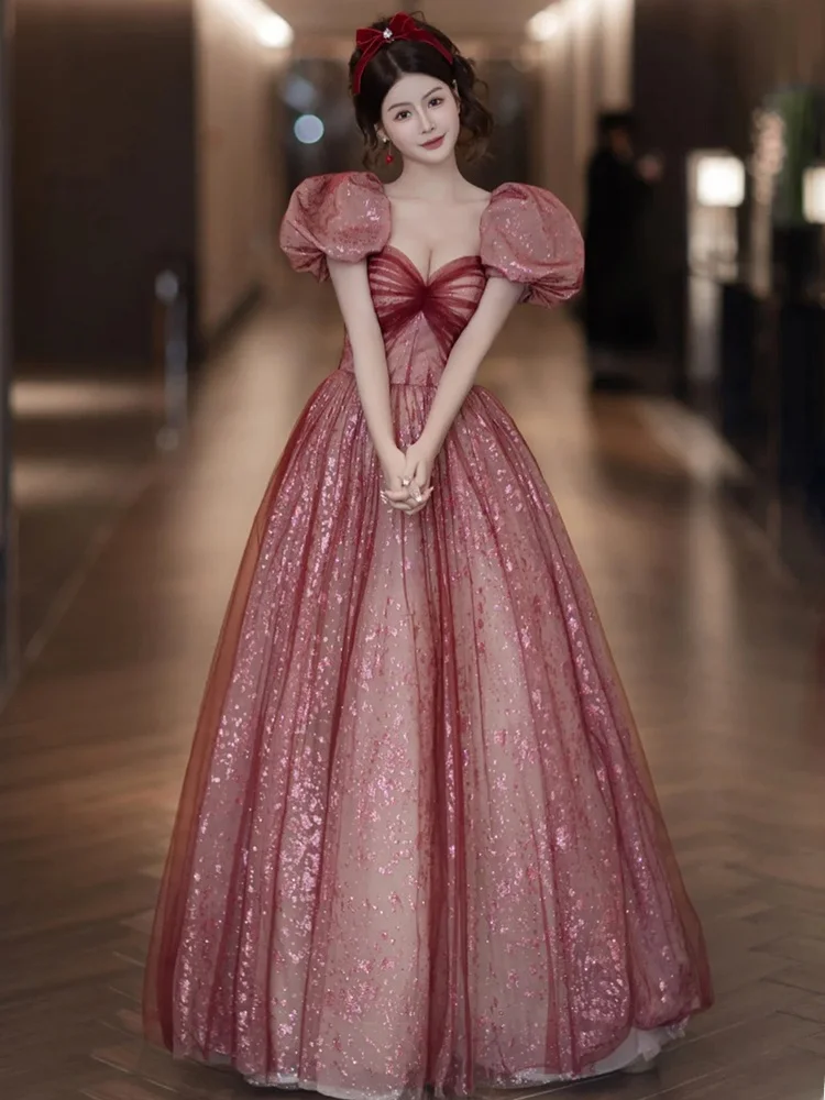 

Red Wedding Dress Female Version Puffy Sleeve Celebration Gown Korean Style Sequin Embellished Long Skirt Korean Style