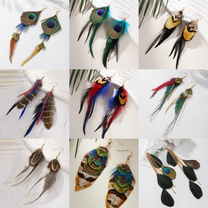 

Bohemian Peacock Feather Earrings Holiday Ethnic Style Long Fringed Earrings for women gift jewelry