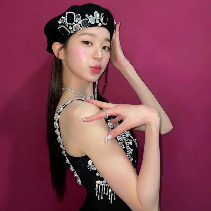 Korean Women Group Jazz Dance Clothes Full Rhinestone Black Tops Kpop Hip Hop Diamond Vest Festival Rave Stage Outfits DWY7969