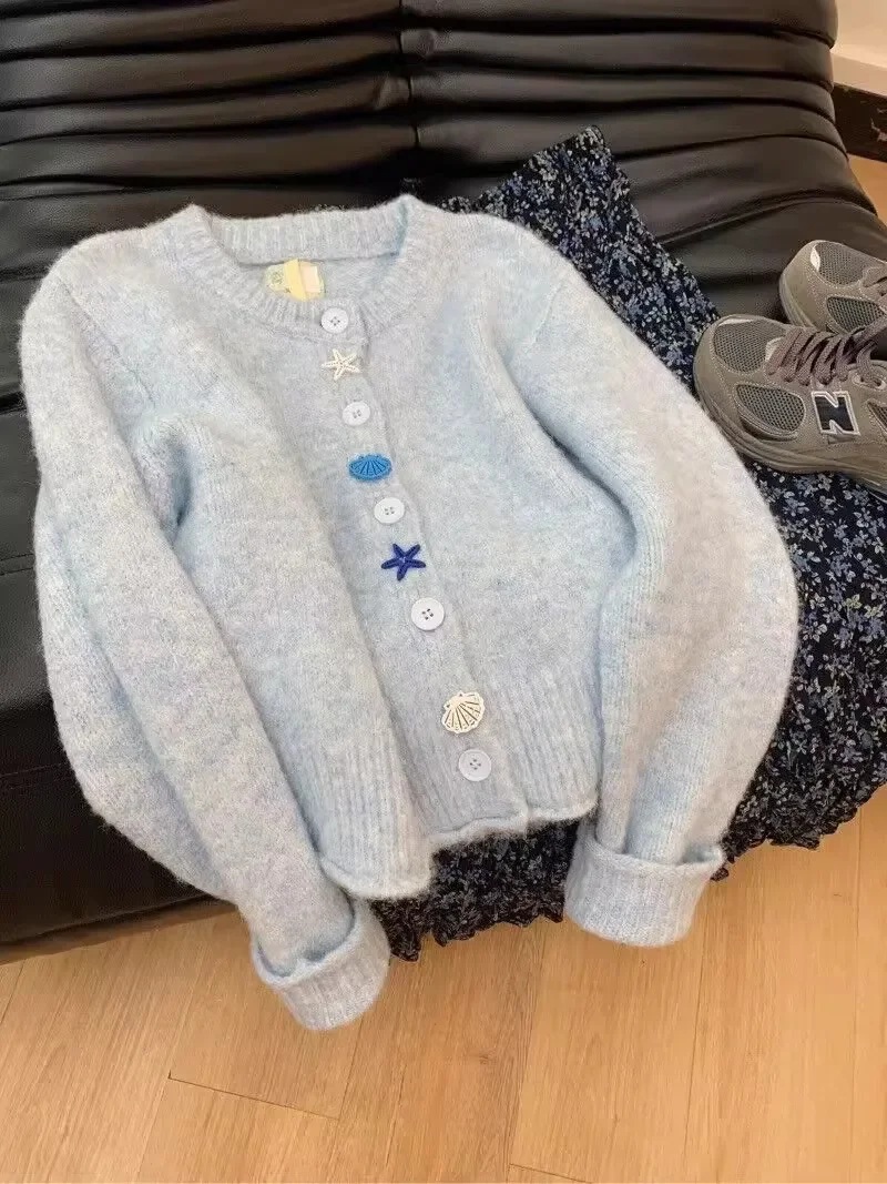 Lovely Cute Starfish Buttons Cardigan Short Jacket New Winter Autumn Coats Korean Preppy College Style Loose Sweaters Solid Blue