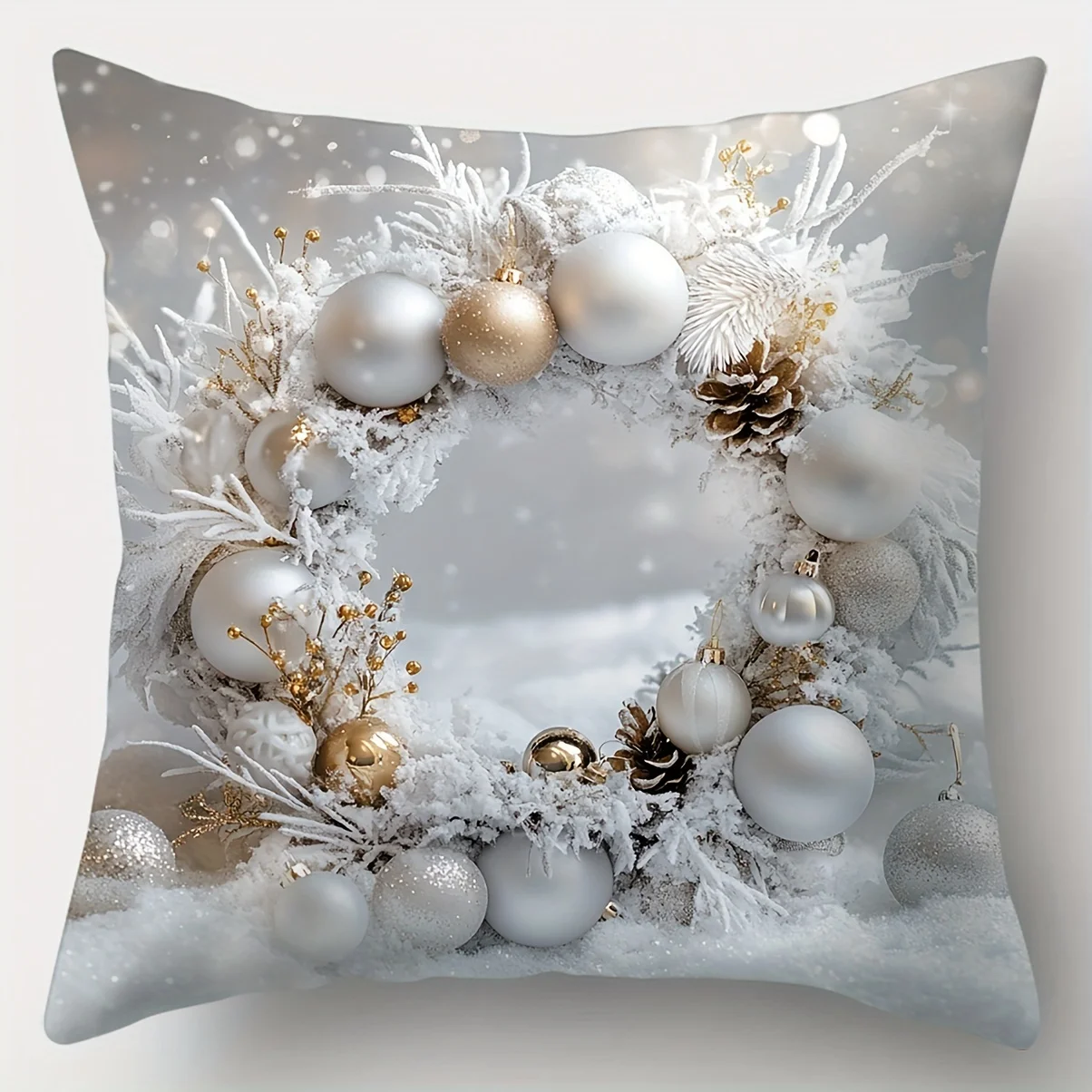 4-Piece Modern Christmas Cushion Cover With Floral Wreath And Tree Print, Soft Polyester Fabric, Zipper Closure, Decorative