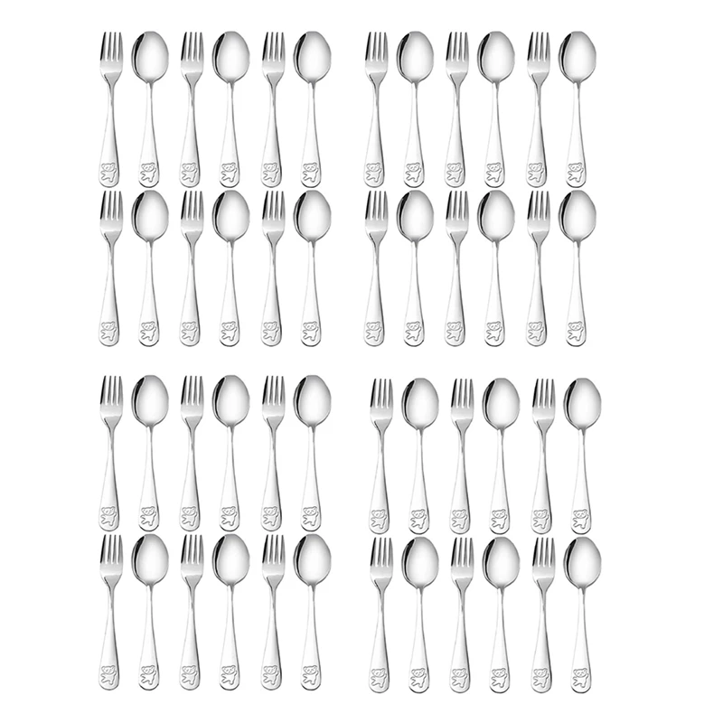 48 Pieces Kids Silverware Stainless Steel Children's Safe Flatware Little Bear Child Spoon And Fork Set Toddler Utensils