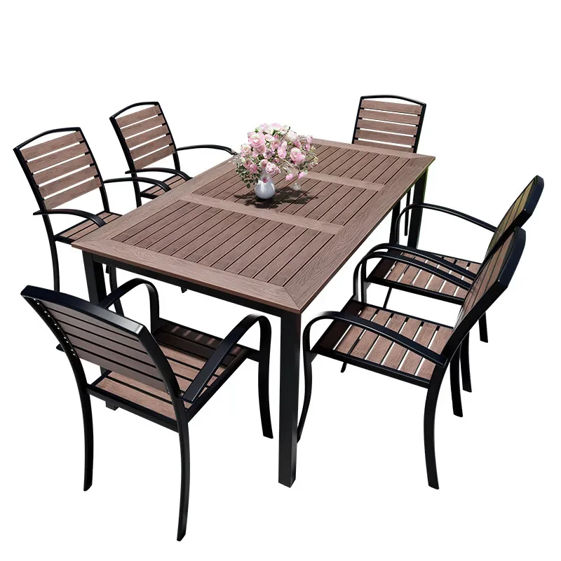 Outdoor Courtyard Plastic Wood Dining Table Waterproof Casual Open Air Balcony Garden Cafe Chairs Set for Summer