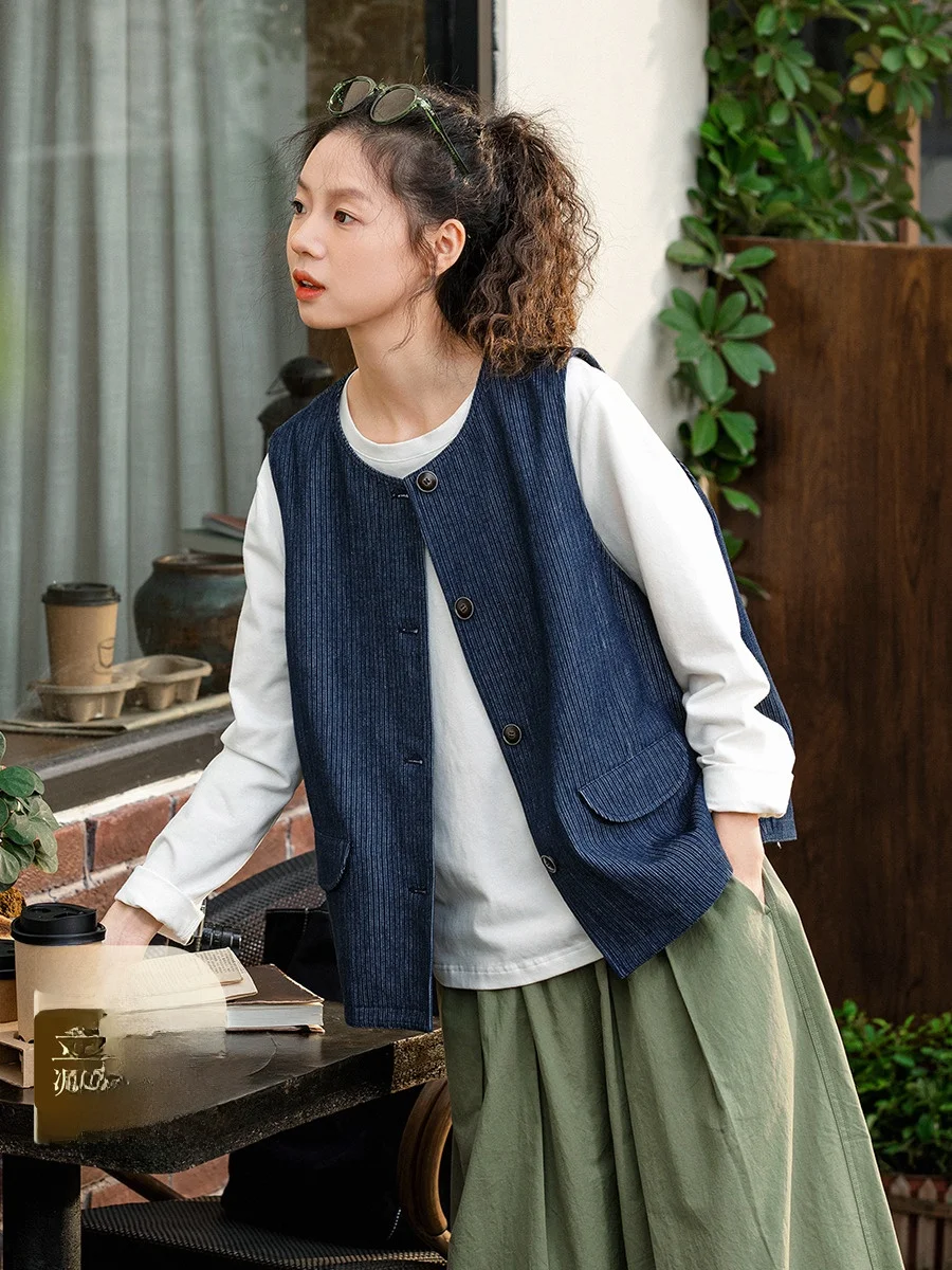 

Синий хлопково-льняной жилет, женский повседневный универсальный осенний топ, круглый Ne, застежка на одной пуговице, полосатый модный топ с рисунком