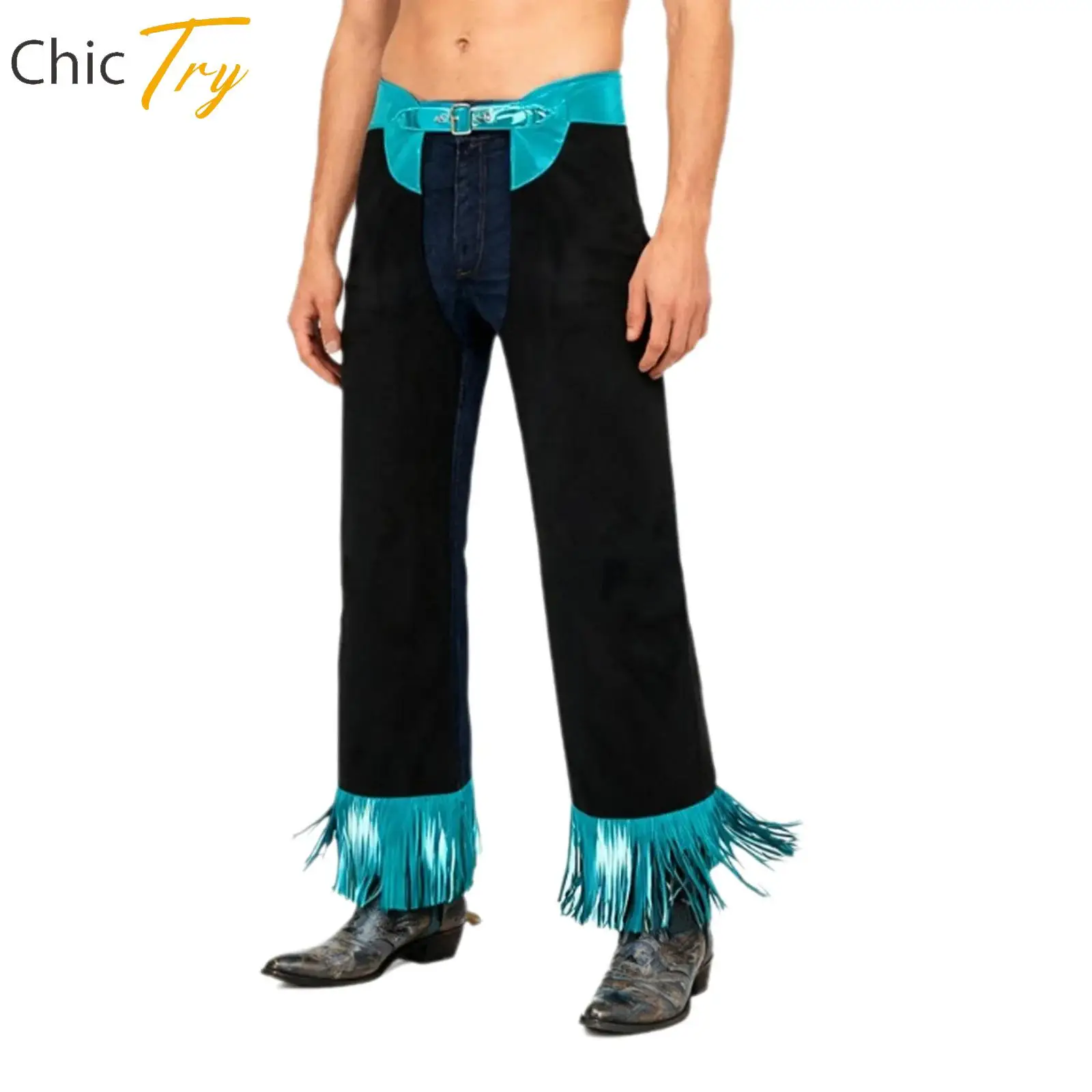 

Mens Metallic Shiny Fringe Hollow-out Crotch Cowboy Pants Western Cowboy Pants Halloween Dress Up Party Costume Rave Clubwear