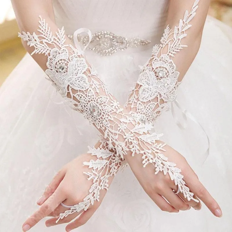 

Women Fingerless Lace Appliques Bridal Gloves Short White Crystals Elbow Length Wedding Accessories