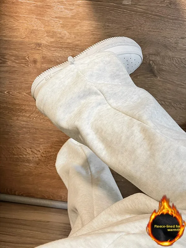 

Men's Drawstring Trousers American Retro Style Fleece Lined Straight Leg Pants Autumn Winter Thickened Long Trousers