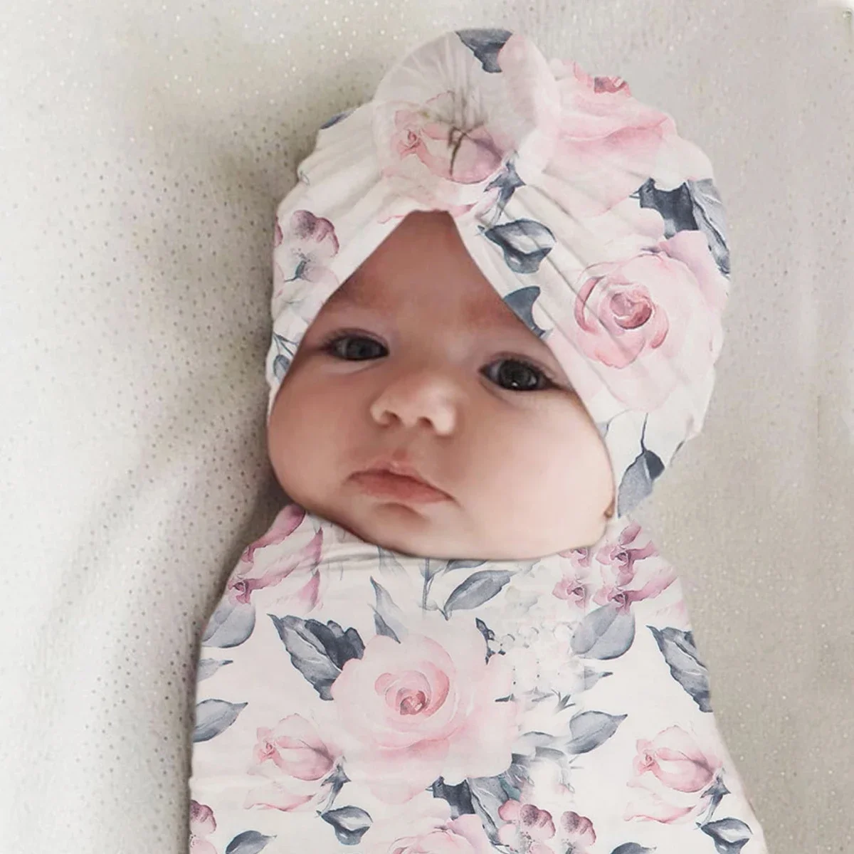 Ylsteed 3 Pieces Set  Newborn Photography Wrap with Turban Hat Baby Swaddle Blanket Headband Set Newborn Receiving Blanket