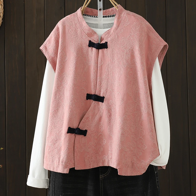 Retro Style Loose Fit Sleeveless Vest Jacket with Buckle Thickened Cotton Polyester Fabric Women's Outerwear Floral Embroider...