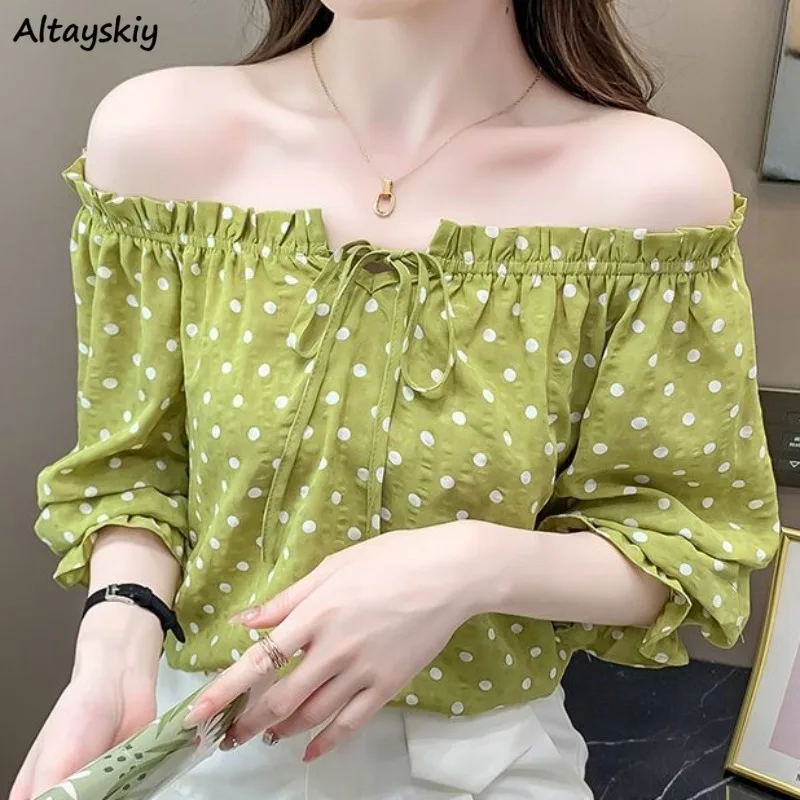 

Dot Blouses for Women Off Shoulder Summer Thin Tops Casual Elegant Female Slash Neck All-match Korean Style Ins Simple Design