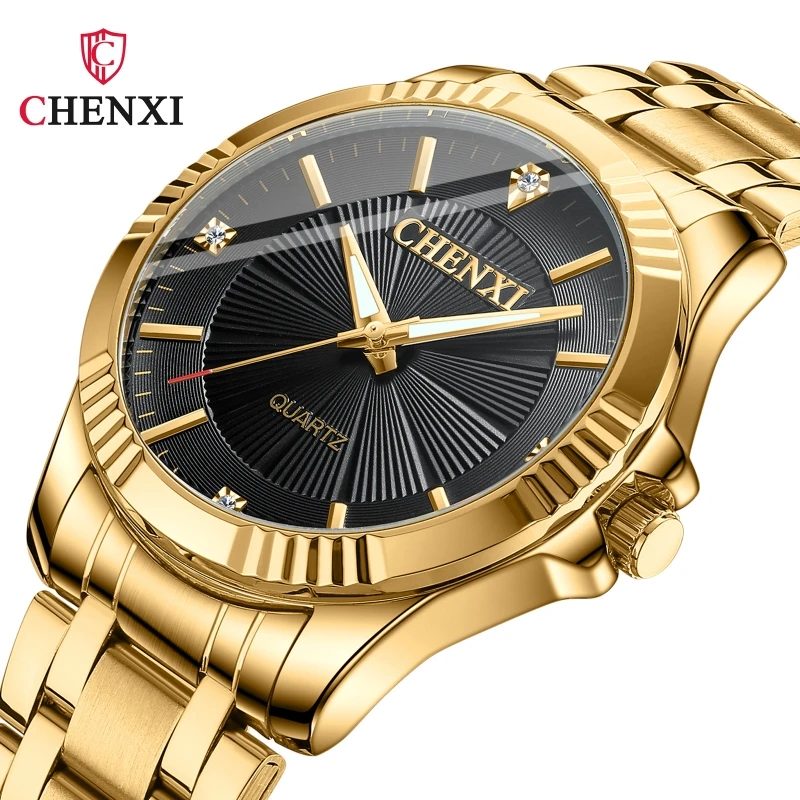 CHENXI 050A Orologio da polso classico da coppia al quarzo Luminoso cinturino in acciaio inossidabile impermeabile Orologio da donna casual da uomo d'affari in oro
