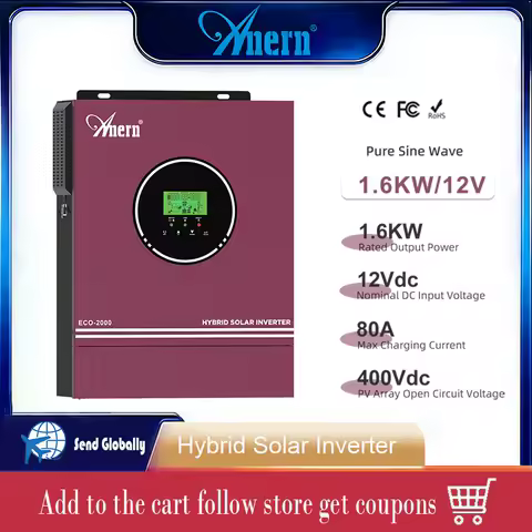 Anern 1.6KW Hybrid Solar Inverter Off-Grid 220V/230VAC Pure Sine Wave Power Inverter 24VDC with 80A MPPT Controller Charger