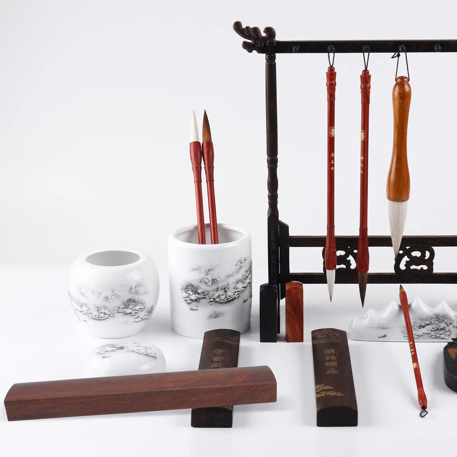 

2 Pcs Solid Wood Paperweight Ink Painting Desk Accessory Chinese Calligraphy