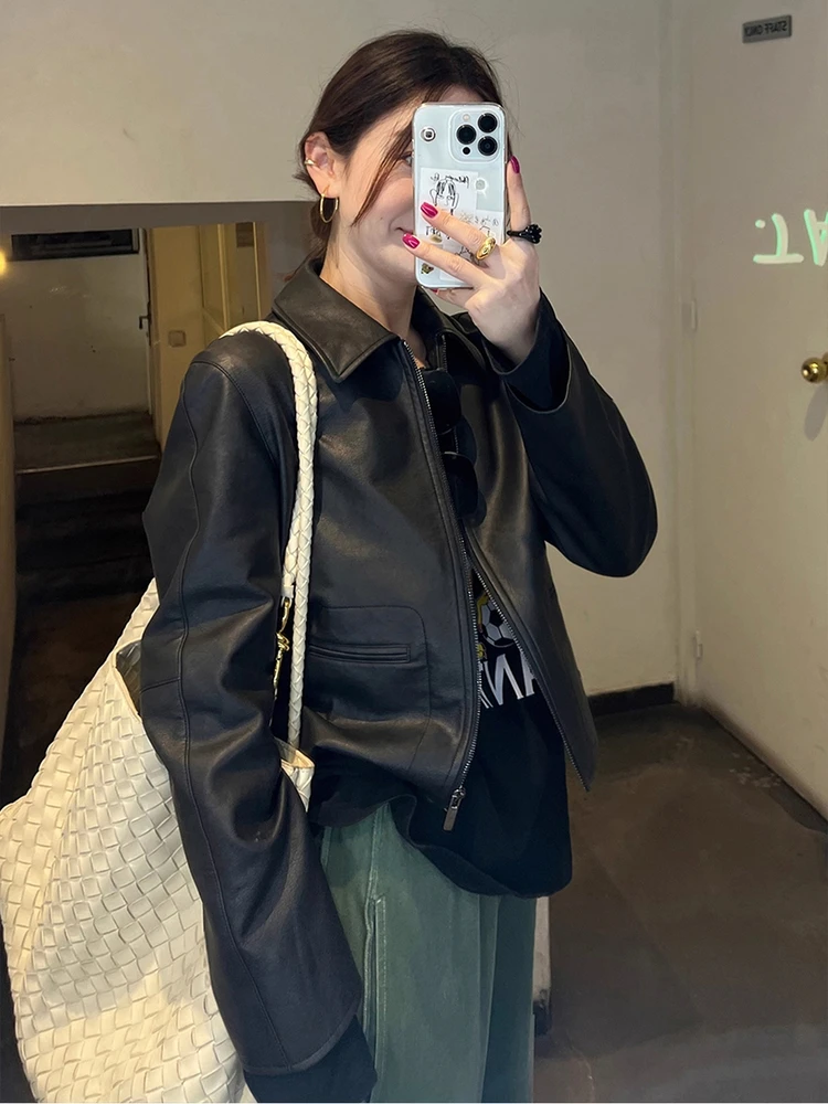 Cool Bla Leather Jaet Casaco feminino de motocicleta ort Sle com zíper tubo reto longo gola Sve Faionable Commut...