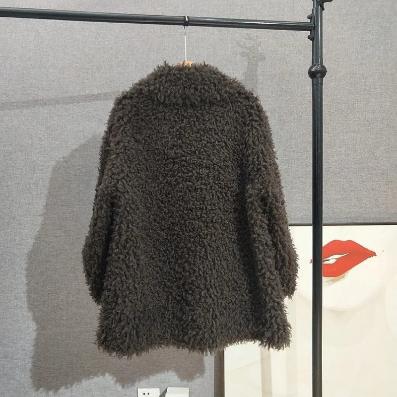 JT529 Women Wool Fur Jacket Mid-Length Double-Breasted Lapel Thickened Coat