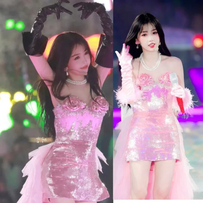 Kpop Korean Singer Concert Costume Pink Sequin Dress Flower Fairy Mesh Cake Mesh Skirt Women Stage Performance Wear Y2K Outfits