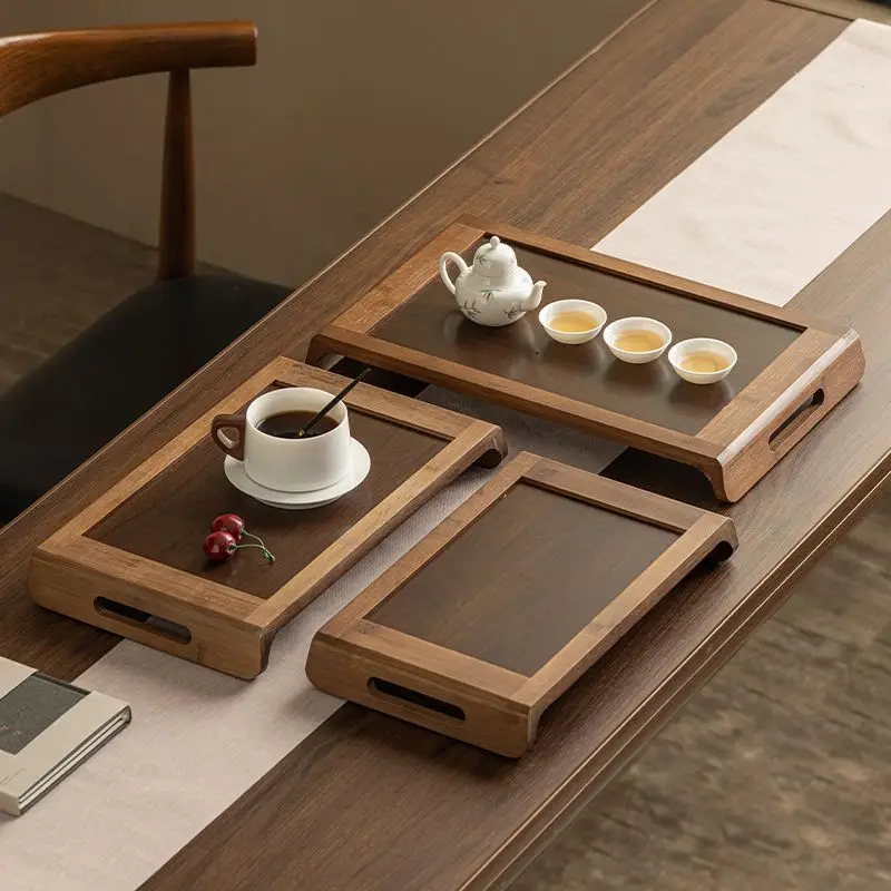 New Arrival Tea Tray Walnut Tone Bamboo Wood Dual Gongfu Tea Tray Household TeaCup Storage Plate For Daily TeaCeremony Use