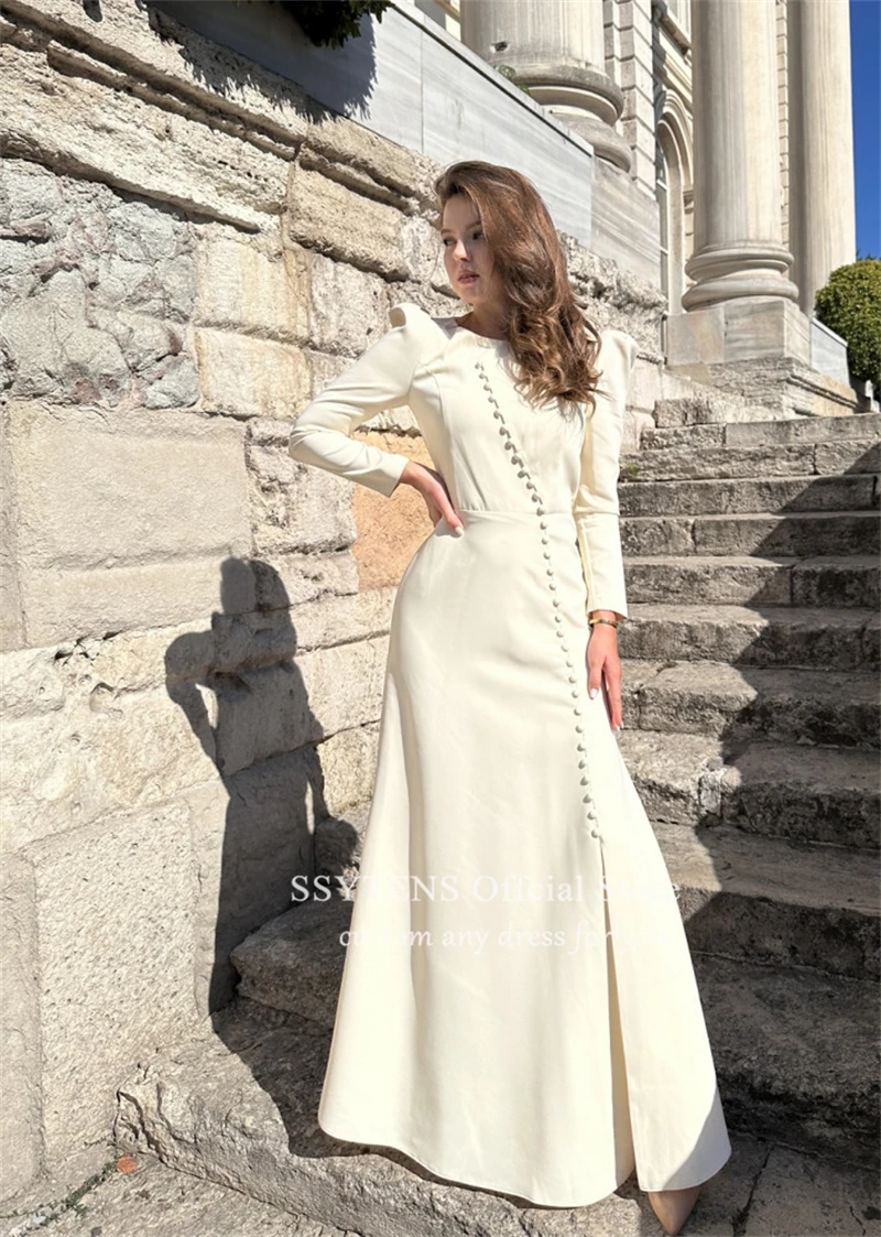 SSYTENS Casual Plum Red Dubai Arab Vintage Long A Line Evening Dresses Dress Side Slit O Neck Button Formal Prom Gowns For Women