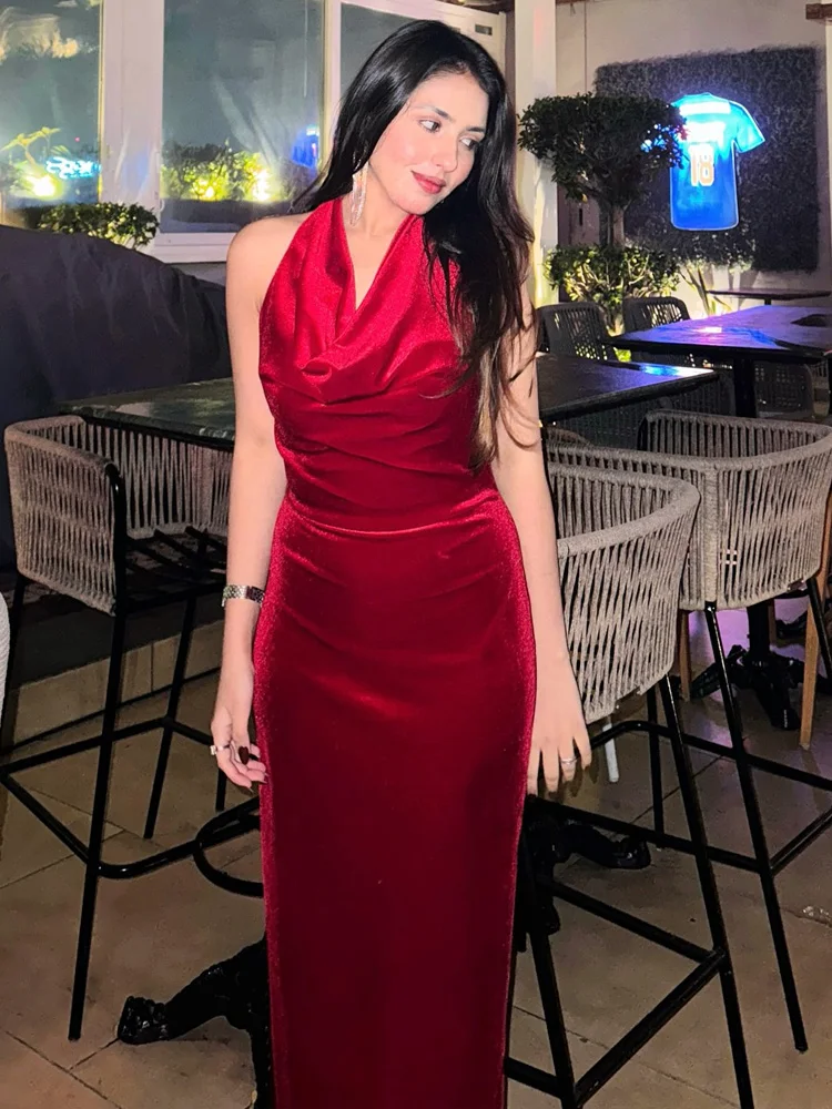 

TRAFZA Women's Sexy Fashion Halter Neck Velvet Midi Sleeveless Backless Dress Female Elegant High Street Hem Slit Casual Dress
