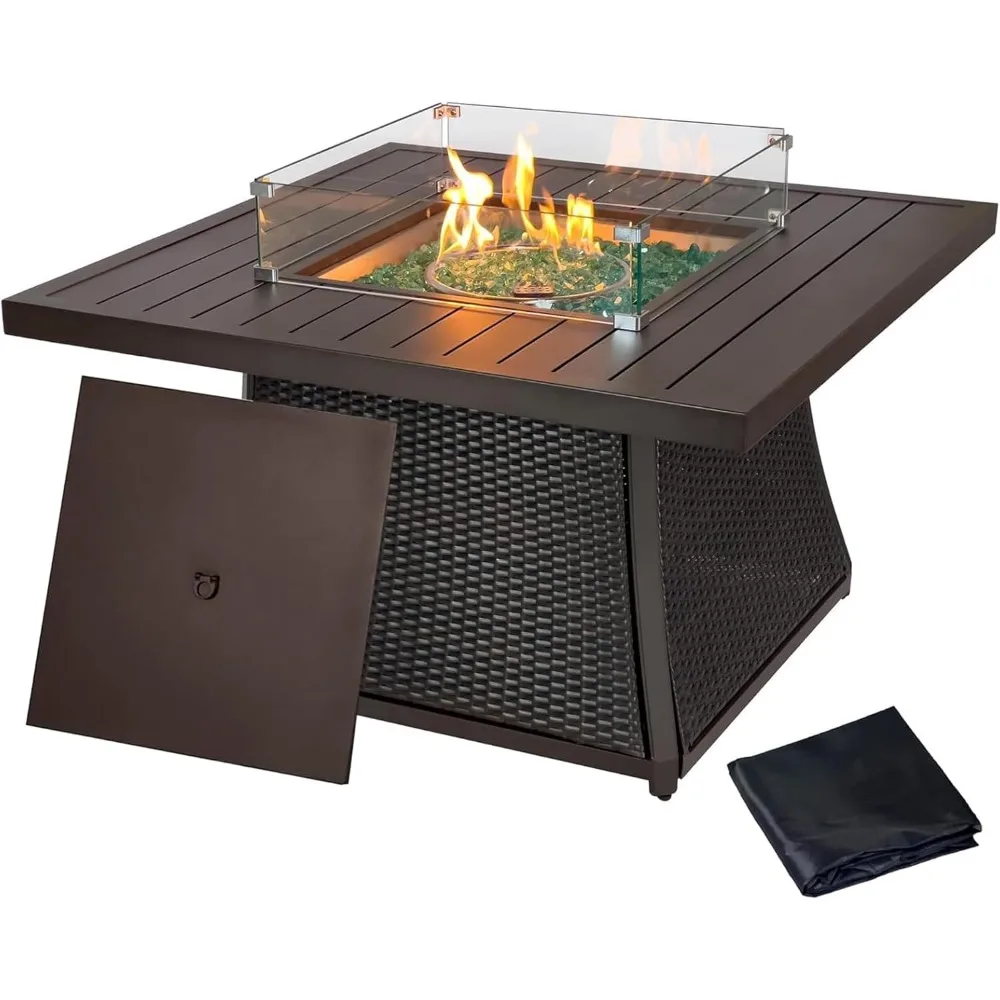 

42-Inch Outdoor Propane Fire Pit Table,Outdoor Patio Dining Fire Pit Table with Lid&Wind Guard,Rattan Wicker Aluminum Frame,50,0