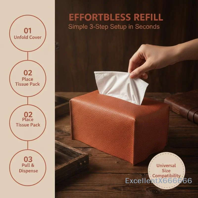 Foldable PU Leather Tissue Box Cover Non-slip Decorative Holder for Bathroom Countertop RV Camper Use