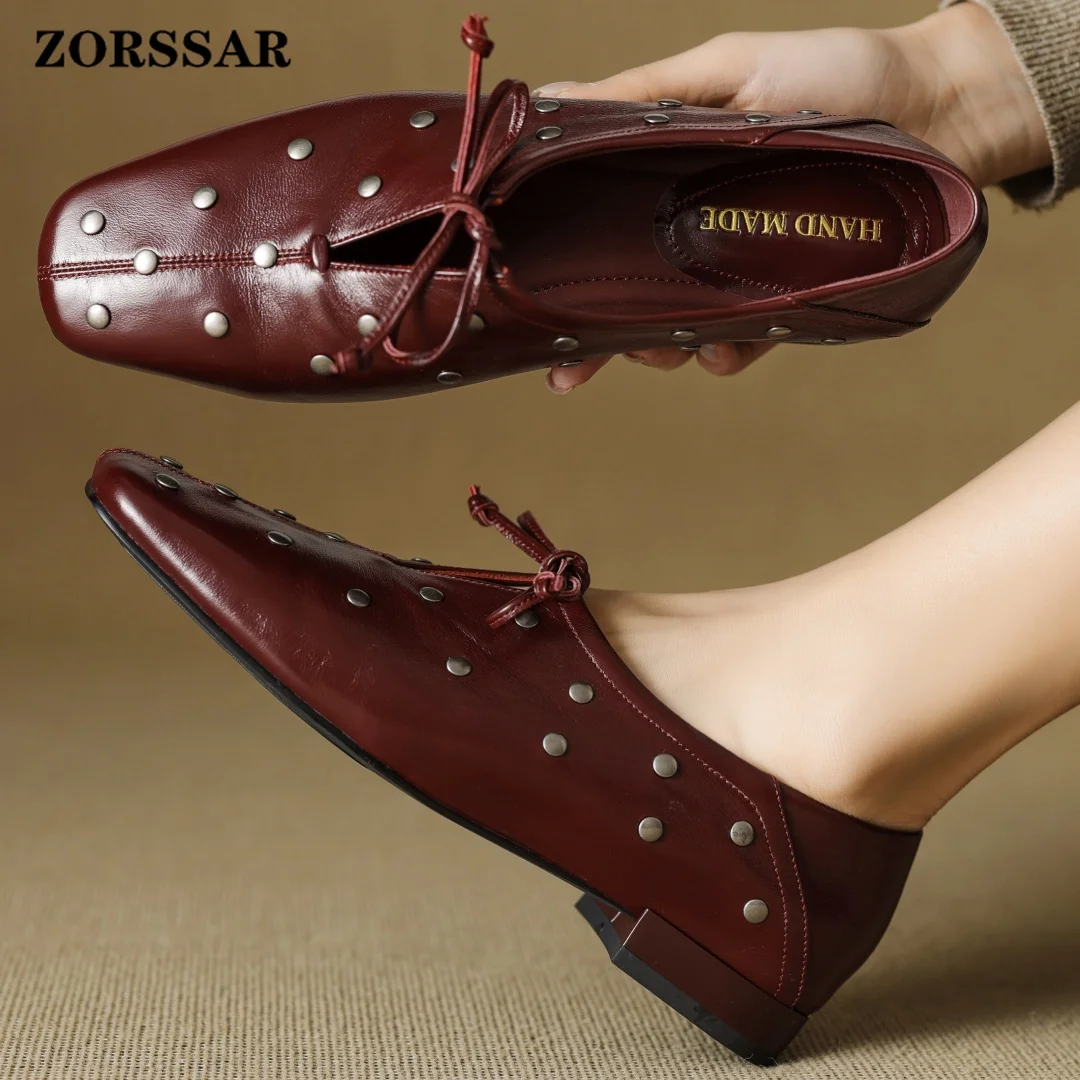 

Plus Size 34-42 Women's Cow Leather Lace-up Flats Oxfords High Quality Soft Comfortable Rivet Casual Female Espadrilles Shoes