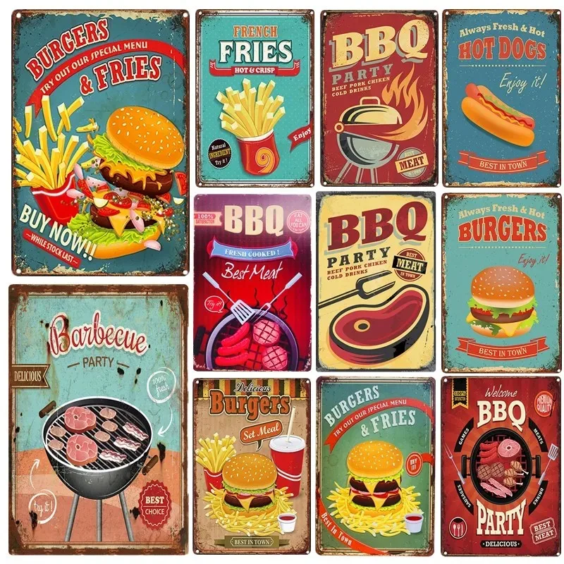 BBQ Zone Metal Tin Signs Barbecue Rules Slogan Kitchen Garden Wall Posters Vintage Decor