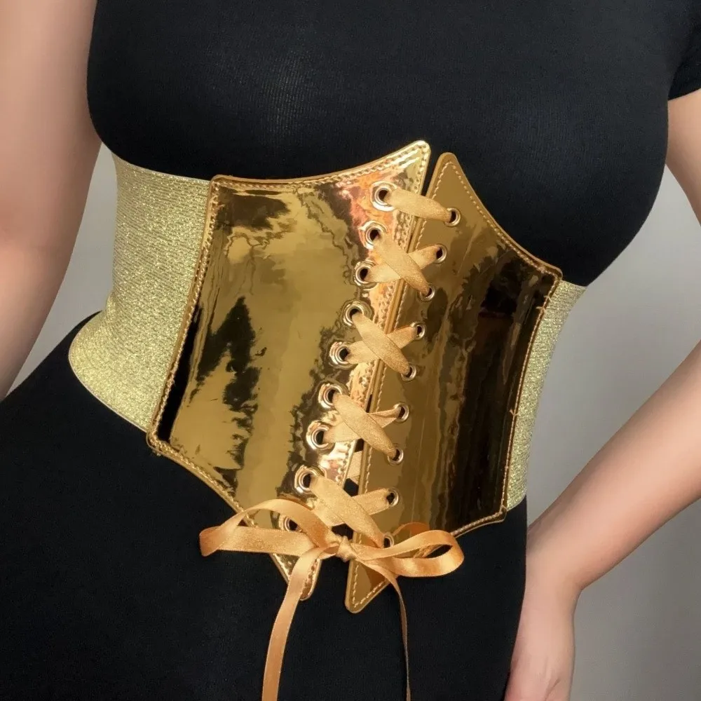 Cintura in vita retrò versatile Cintura in corsetto in pelle PU oro argento Cintura in vita dal design elastico con lacci per donna