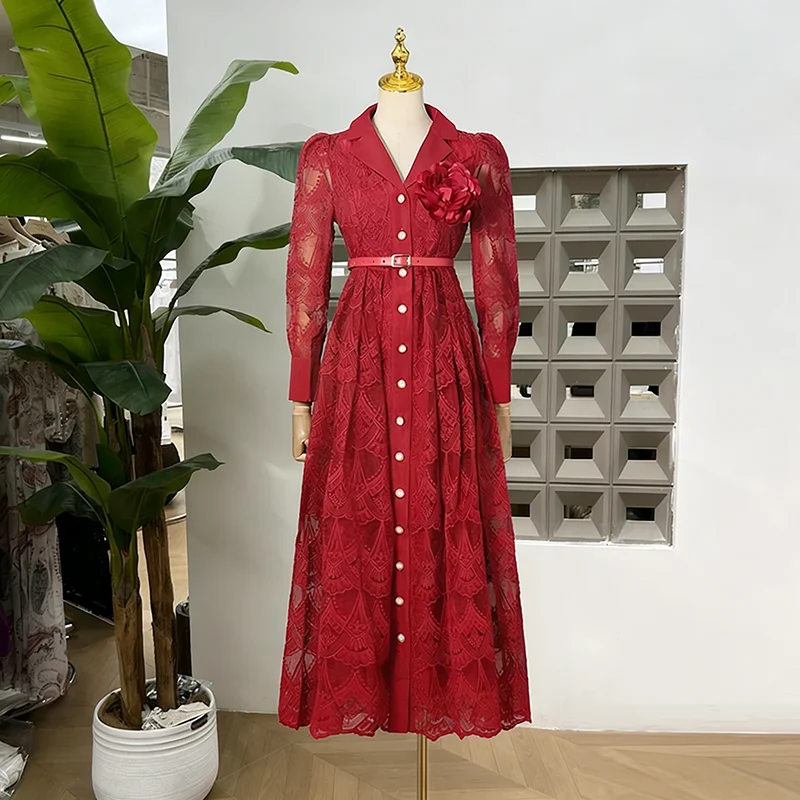 KBQ-vestidos sexis de encaje liso con apliques empalmados para mujer, vestido calado con temperamento de cintura alta y manga larga con cuello en V para mujer