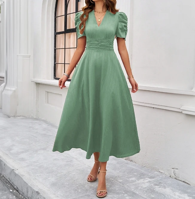 

Women's V-neck princess sleeve temperament commuting style 2024 summer new style elegant solid color waist cinching dress