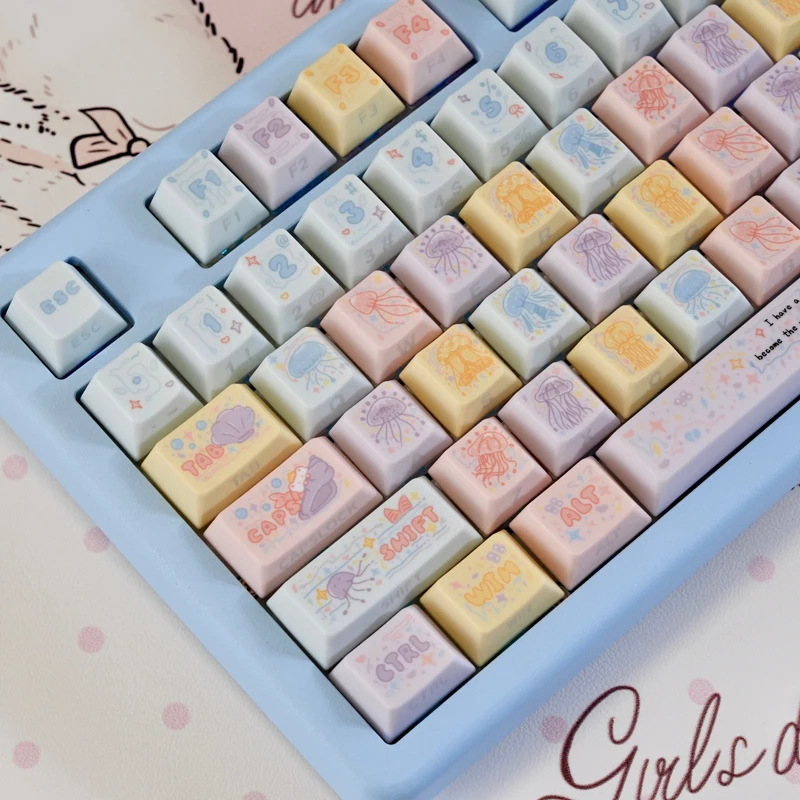 Jellyfish PBT Keycaps 130 Keys Cherry Profile Side Print Shine Through Custom Double Shot Key Caps Set For Mechanical Keyboard view 2