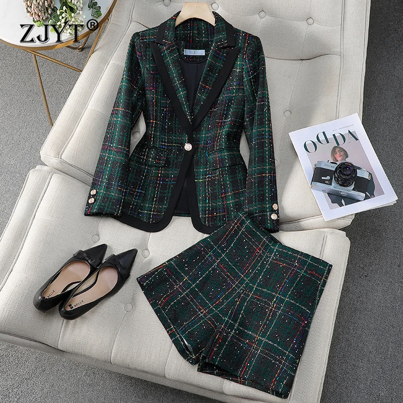 

ZJYT Autumn Winter Vintage Plaid Tweed Jacket and Shorts Suit 2 Pieces Matching Sets for Women Plus Size Casual Outfit Female