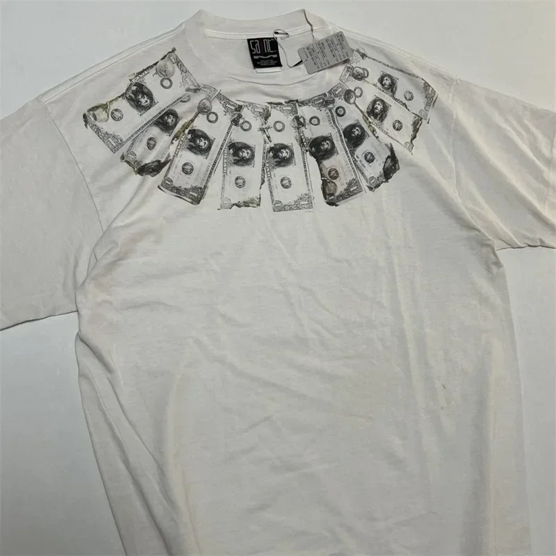 SAINT MICHAEL Washed White T Shirts Men Women 1:1 Best Quality Dollar Necklace Print Oversized T Shirt