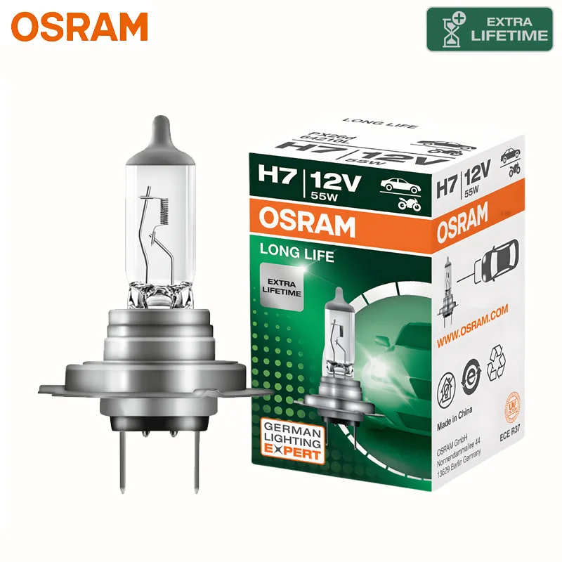 Lâmpada Halógena Automotiva OSRAM LONG LIFE H7 Original PX26d 12V 55W Mais Durável 3200K Branco Padrão Farol Alto e Baixo 1/2X