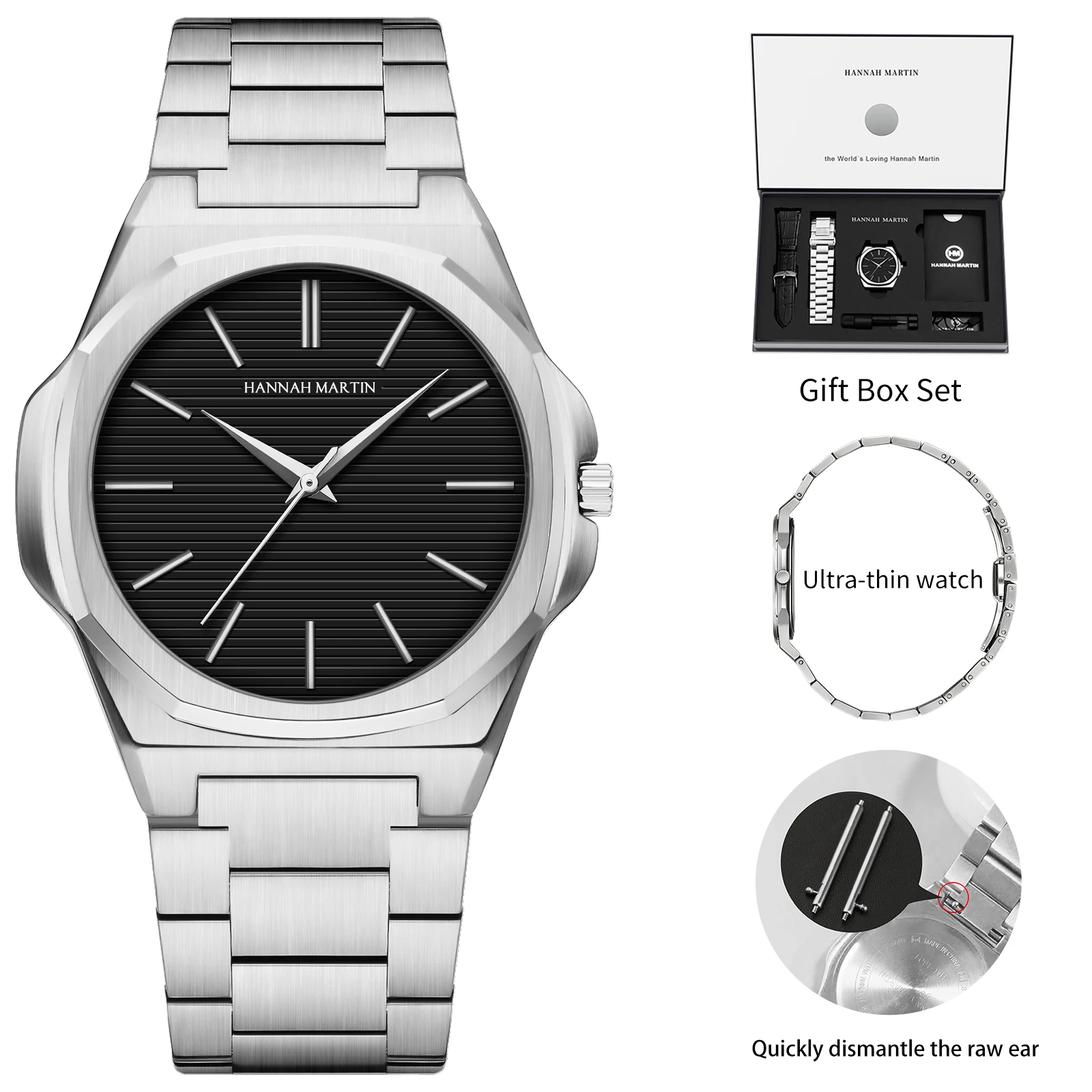 Reloj Hannah Martin para hombre, reloj de negocios de acero inoxidable negro con movimiento JP ultrafino de 6,8mm, 1 Juego de reloj de cuarzo de cuero reemplazable