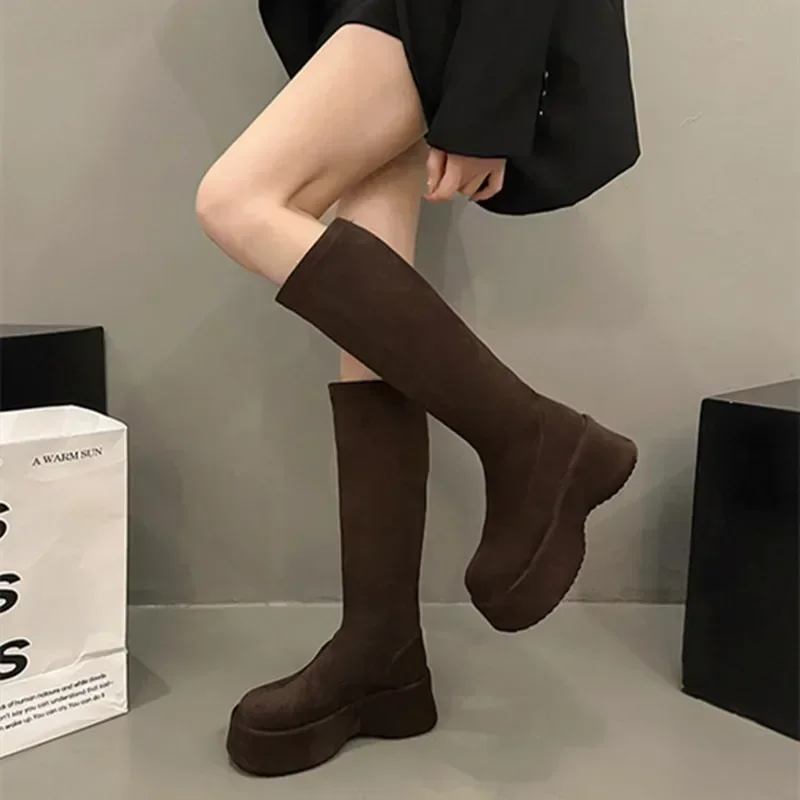 2025 Winter Suede Warm Knee High Boots Women Fashion Wedge Platform Boots Non-slip Thick Bottom Heightening Elastic Knight Boots