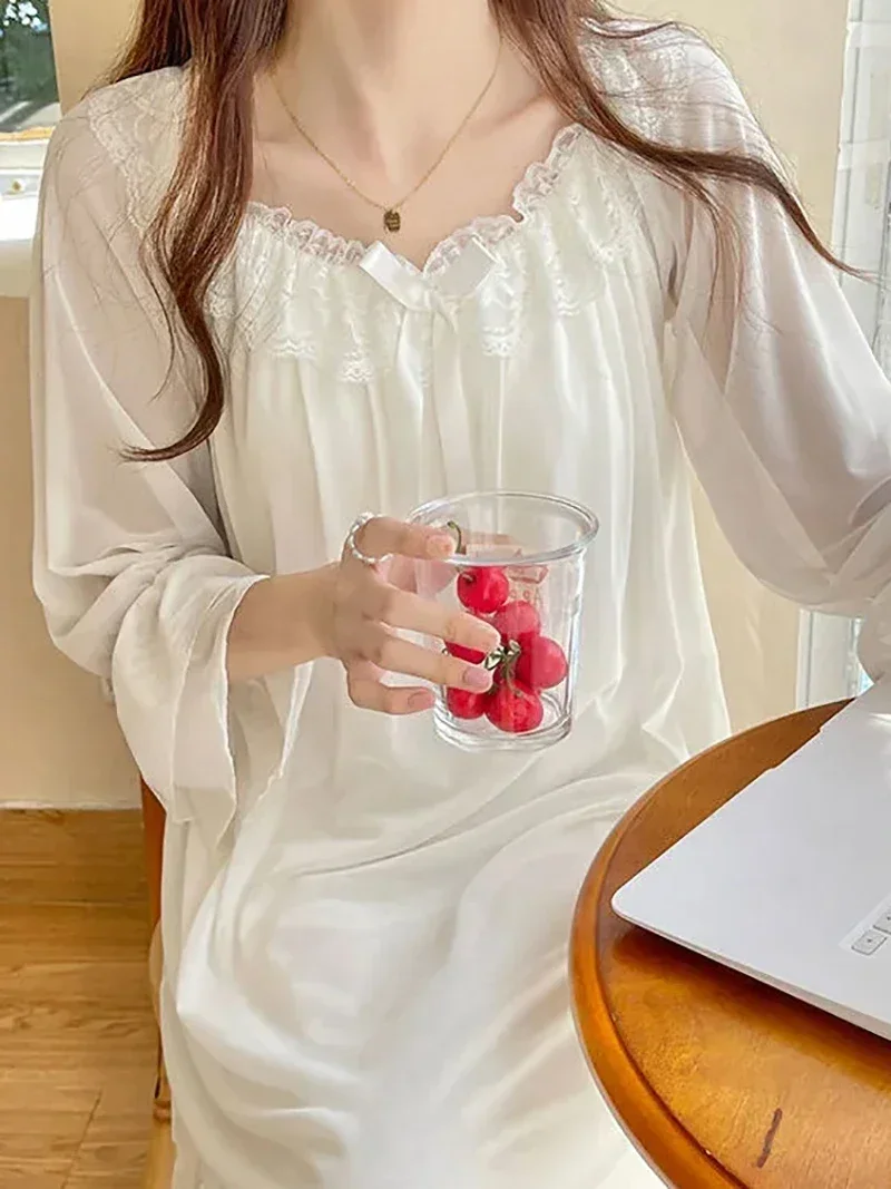 Women Female Fairy Ruffles Mesh Lolita Vintage Princess Nightdress Female Spring Pure Cotton Lace Victorian Nightgowns Sleepwear