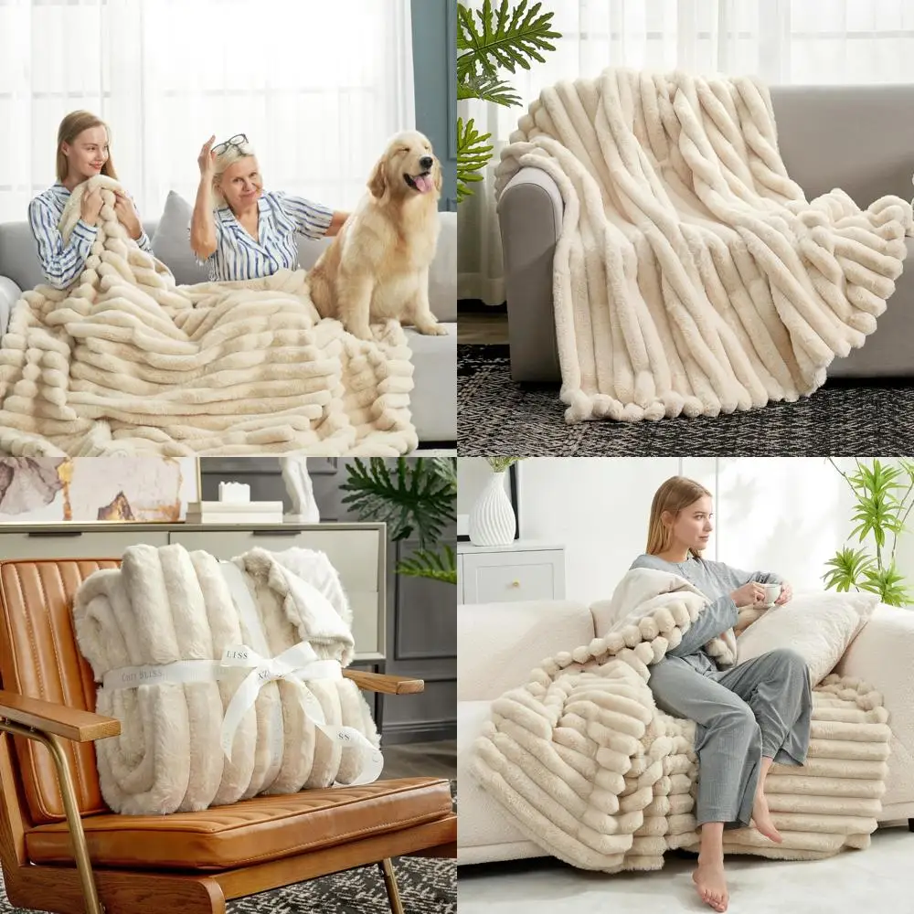 

Beige Faux Fur Throw Blanket, 60x80 Inches, Plush Striped Sofa and Bedroom Warm Cover