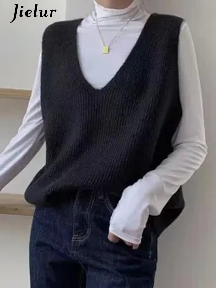 Jielur New Korean Style Sleeveless Knitting V-neck Female Sweater Vest Loose Casual Office Ladies Autumn Women\'s Sweater Vest