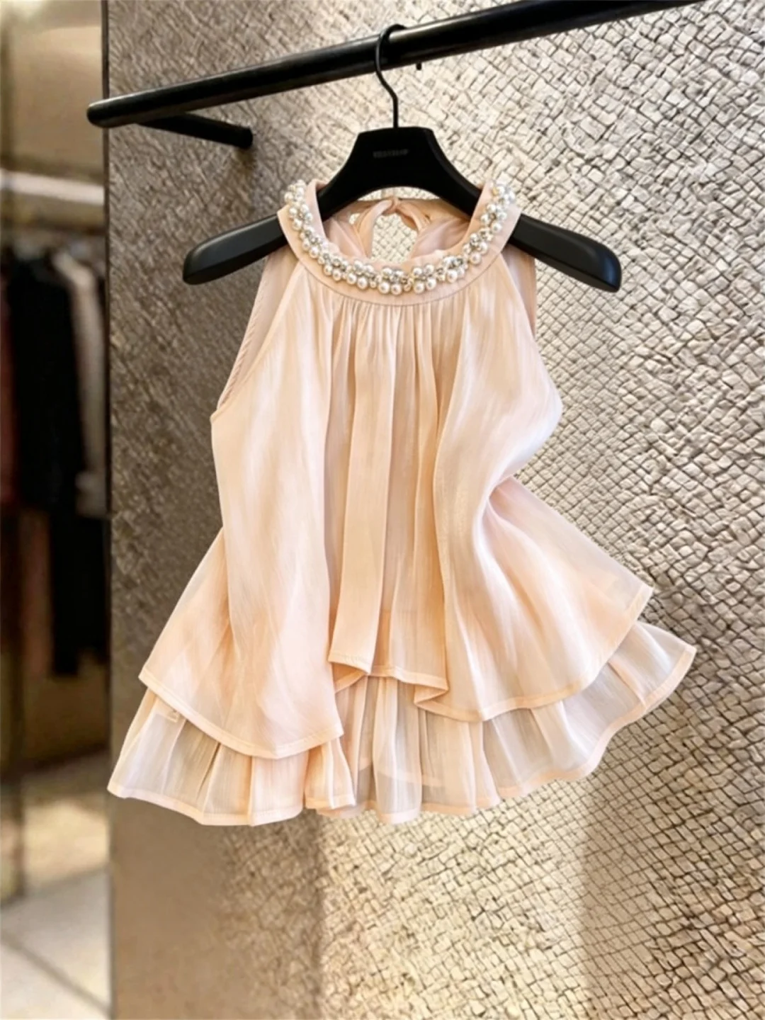 

Premium Guangzhou Thirteenth Factory Heavy Embellished Sleeveless Neck Hanging Chiffon Top Women's Summer Beautiful Blouse