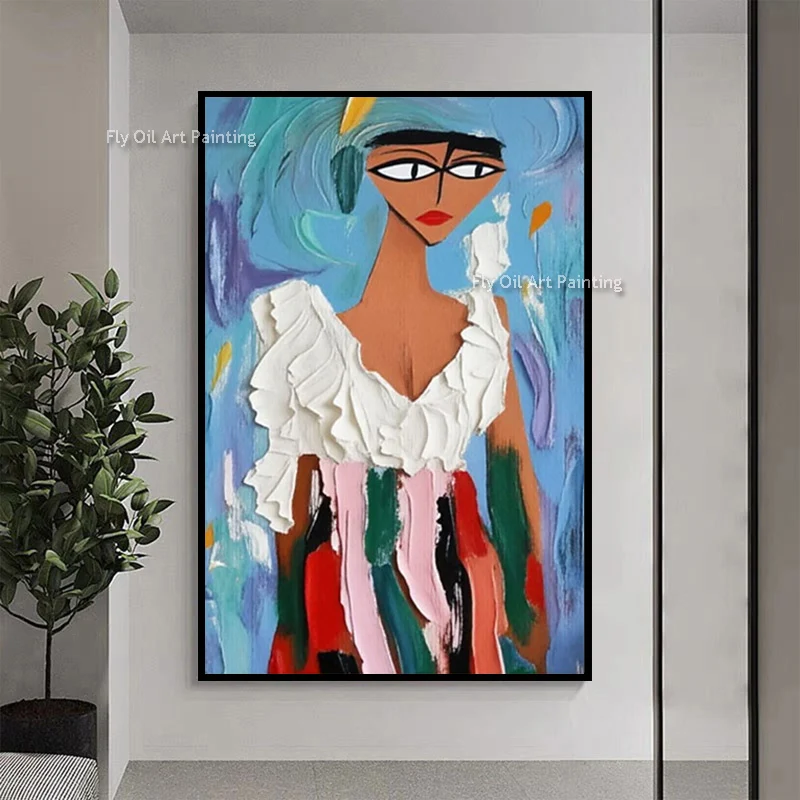 Hand Painted Abstract Blue White Artwork Special Design Pink Brown Women Portarit Oil Painting On Canvas Simple Home Wall Decor