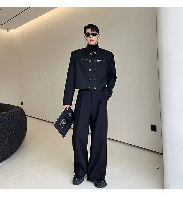 Men Metal Buckle PU Leather Splice Stand Collar Double Breasted