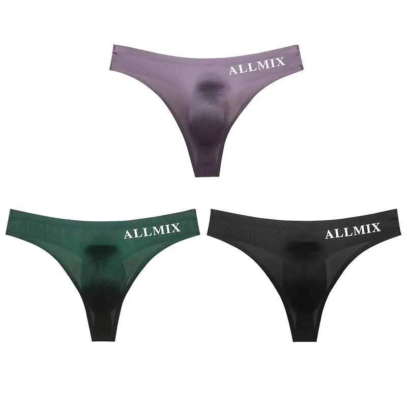 3 Pcs/Lot Men\'s Sexy Seamless Thongs Transparent Thin Ice Silk Letters Panties Underwear Cock Pouch G-string