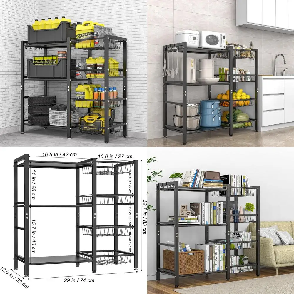 

3-Tier Kitchen Storage Rack with 4 Baskets, Utility Coffee Bar, and Air Fryer Stand with Steel Mesh Baskets