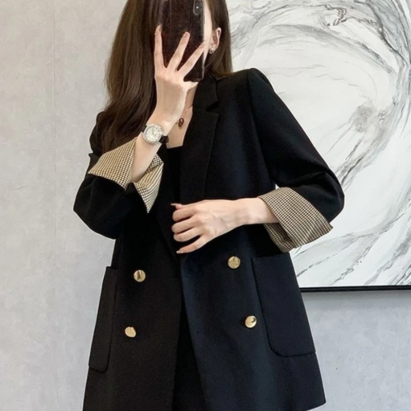 

Женский весенне-осенний свободный повседневный пиджак в корейском стиле, двубортный пиджак премиум-класса с закрученными манжетами, ретро HK, модный дизайн, Новое поступление