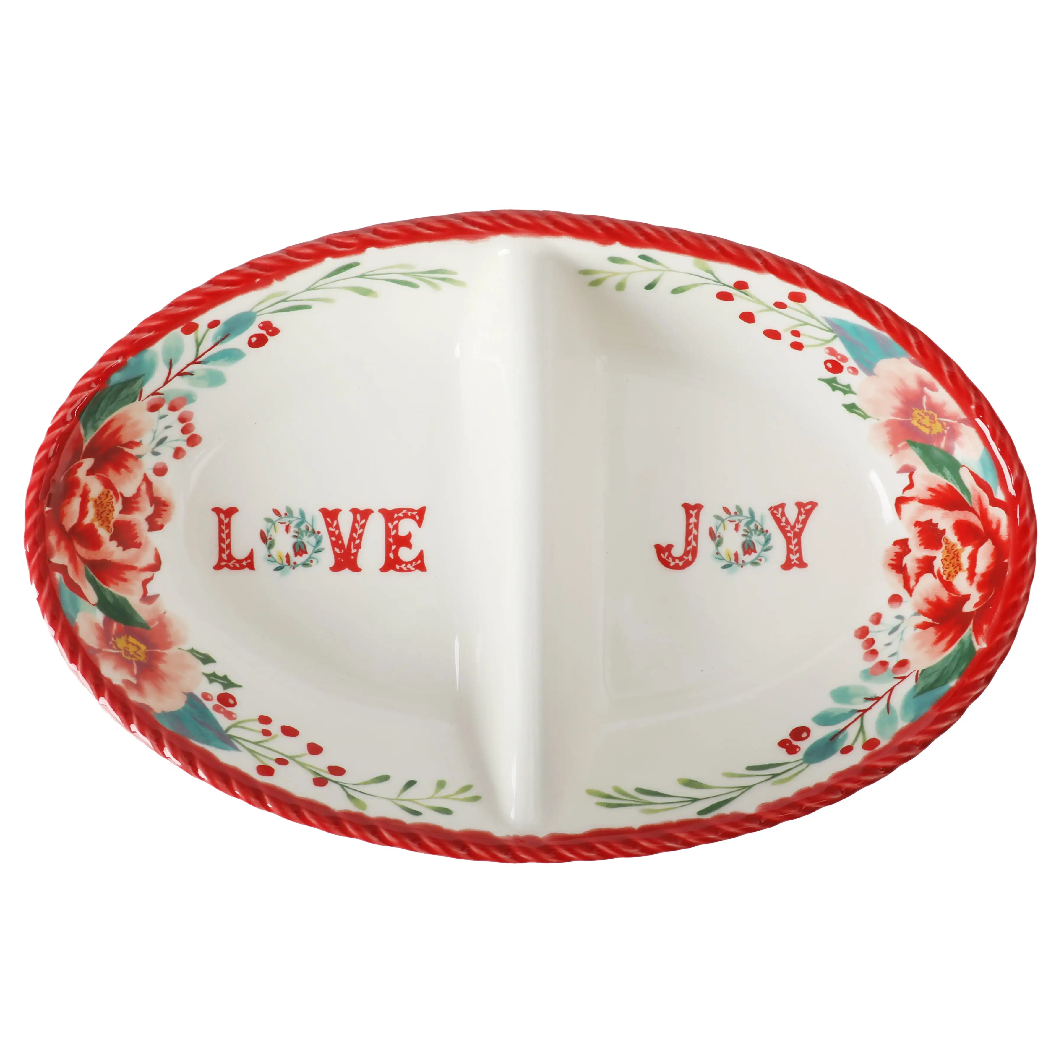 

Merry Meadow Red 11.5-inch Divided Stoneware Serving Bowl Dishwasher and Microwave Safe Dual Compartment Serveware